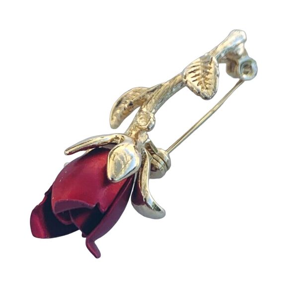 Vintage Gold Tone Red Rose Brooch Pin 2" Excellent Cottagecore - Picture 8 of 8